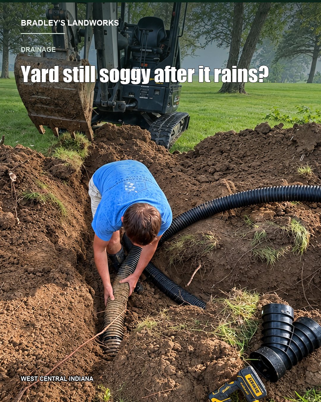Worker laying drainage pipe in a trench