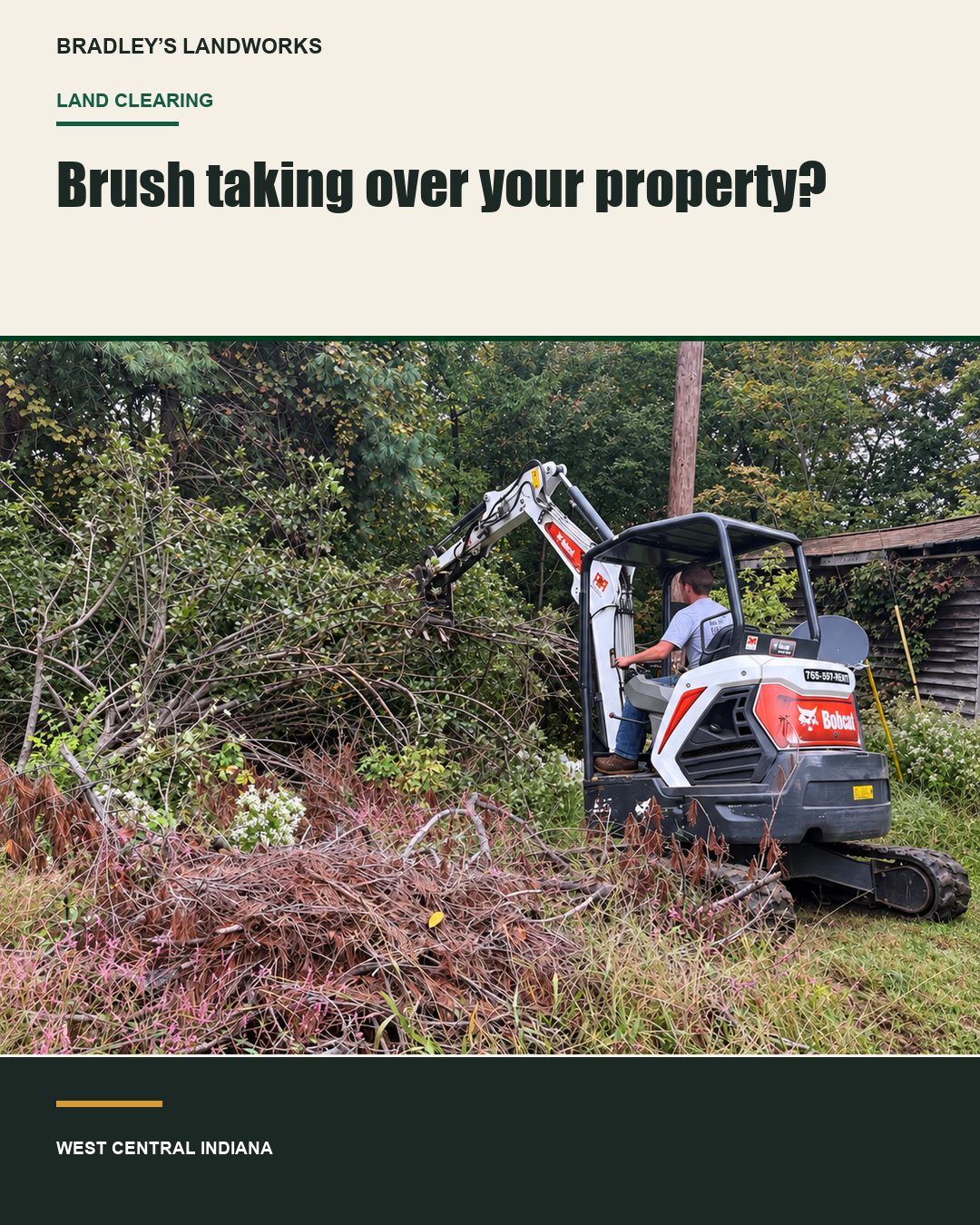 Excavator clearing brush from a property